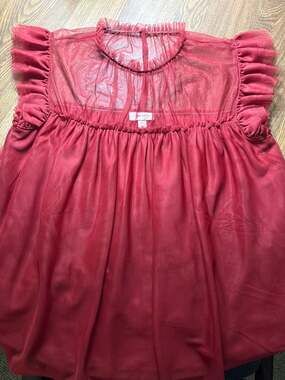 On 34th Bright Rhubarb Tulle Flutter Sleeve Semi-Sheer Top Blouse